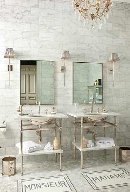 Planning our DIY bath remodel— inspiration and design ideas… love the marble subway tile to the ceiling..