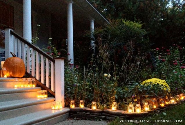 Mason jars and battery-powered tea lights... Decorating our front porch for Halloween.