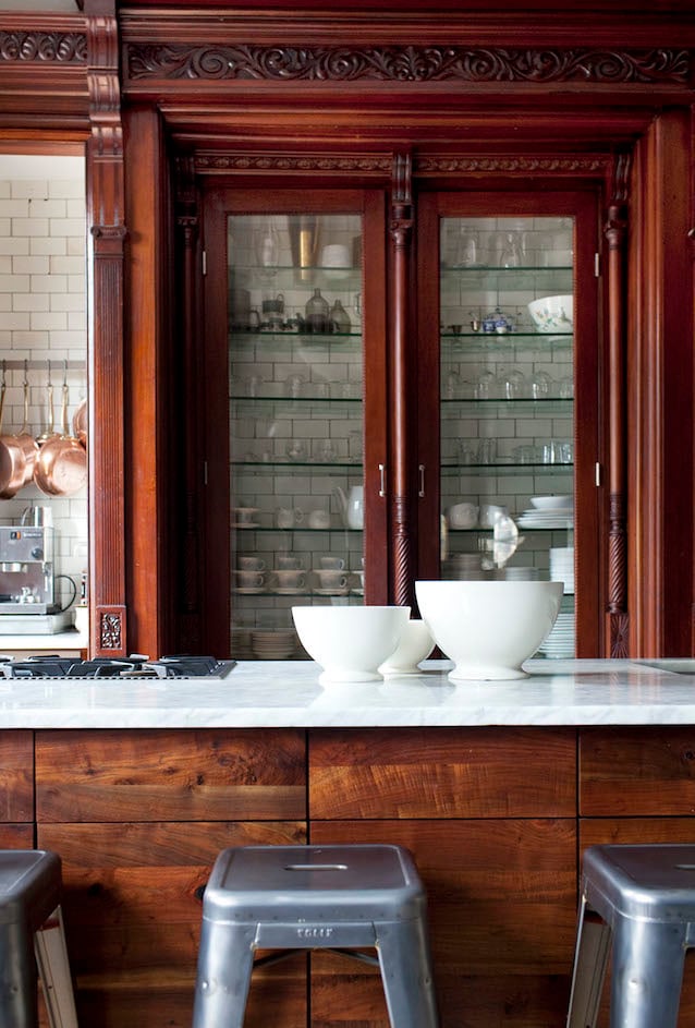 AMAZING restored/repurposed brownstone kitchen... They repurposed the original Victorian cabinetry into a gorgeous kitchen!!