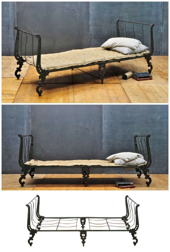 I’m decorating our old Victorian house via Craigslist and auctions… This folding iron campaign bed is my latest treasure! If you love salvaged decor, come see what else I’ve collected.