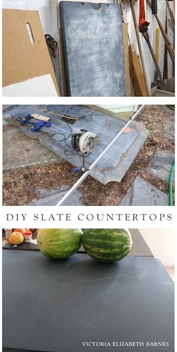 FREE craigslist pool table = FREE slabs of slate = FREE kitchen countertops! We are restoring our old Victorian house, currently DIY-ing the kitchen remodel… we are using almost entirely salvaged and repurposed materials, including turning an antique piano into our kitchen island!