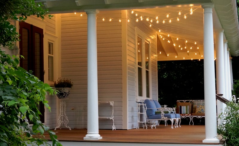 LED cafe bulbs and string lighting— photos of the front porch