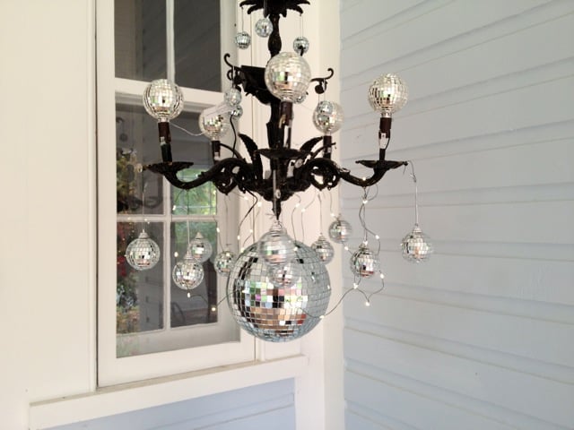 fast and easy disco ball chandelier decoration for Halloween. Reuse as Christmas Decoration.