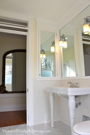 Our totally DIY bathroom remodel—DIY transom window and a large, custom medicine cabinet!