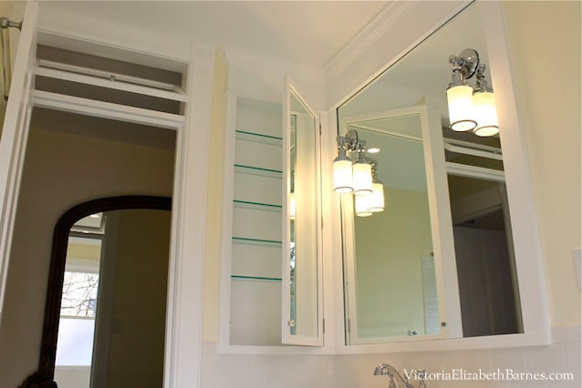 Victorian DIY bathroom remodel—we designed and built the transom window and a large, custom medicine cabinet!