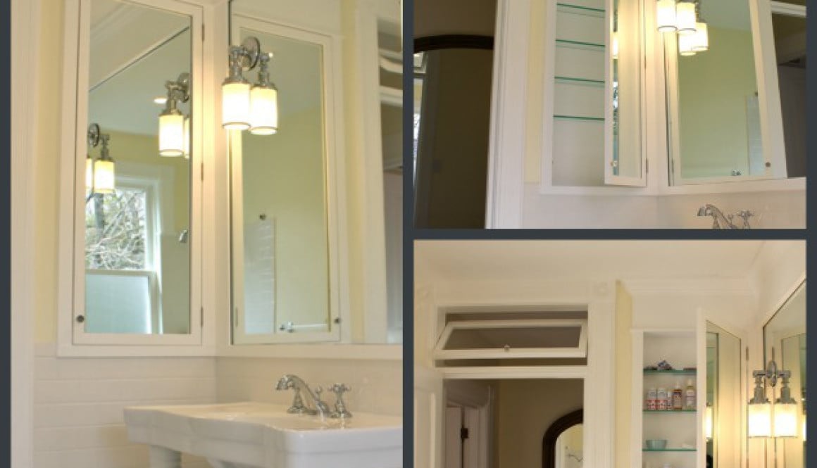 DIY vintage bathroom renovation—see the extra-large recessed, mirrored cabinet we designed and built!
