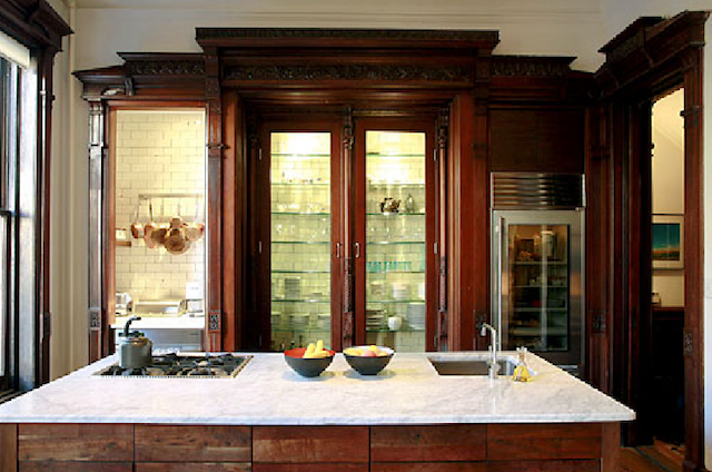 Trying to DIY this design for our kitchen remodel!  They repurposed Victorian cabinetry... Pilar Guzman's gorgeous, restored brownstone kitchen and house. Love everything about it!!