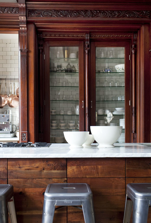 Pilar Guzman's kitchen... gorgeous, repurposed Victorian cabinets.