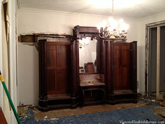 Removing a built-in Victorian wardrobe I got on Craigslist. I had hoped to salvage it and repurpose it as kitchen cabinets.