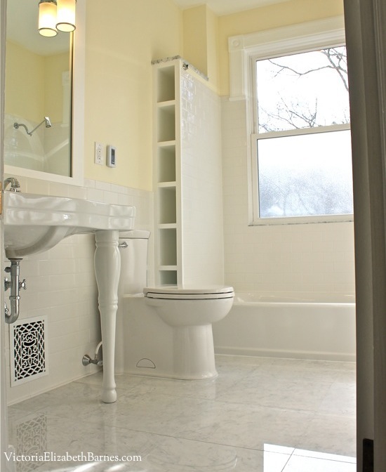 Our old-house bathroom has a large window IN the shower... See our DIY solution to cover it... and the entire before-and-after remodel!