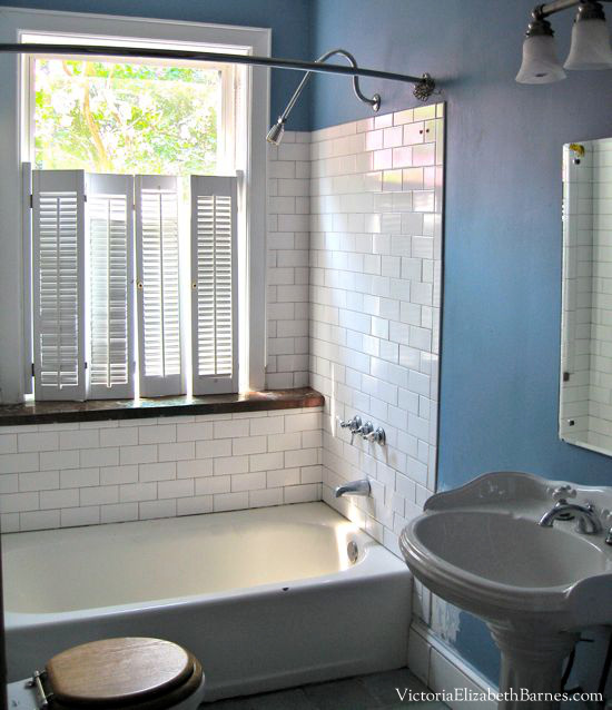 Our old-house bathroom has a large window IN the shower... See our DIY solution to cover it... and the entire before-and-after remodel!