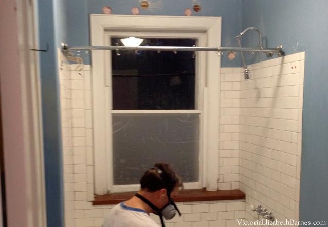 Our old-house bathroom has a large window IN the shower... See our DIY solution to cover it... and the entire before-and-after remodel!