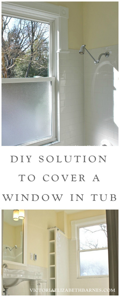 Our old-house bathroom has a large window IN the shower... See our DIY solution to cover it... and the entire before-and-after remodel!