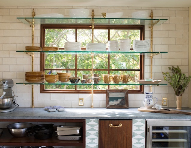 glass shelves over kitchen sink