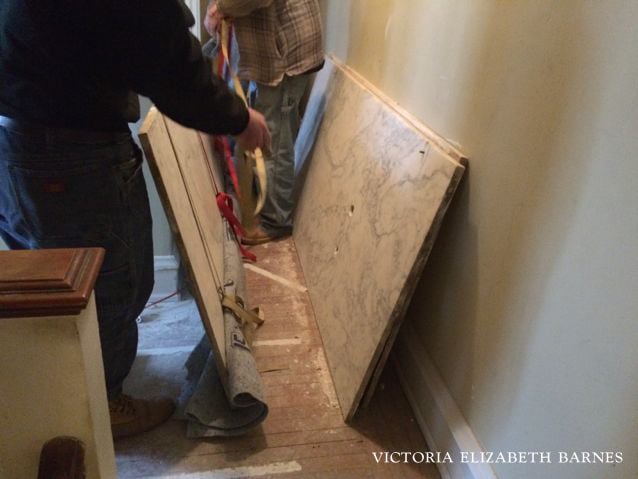 Craigslist SCORE: three *huge* Carrara marble slabs from an antique shower stall! We'll repurpose them as countertops in our DIY kitchen remodel— we are using almost entirely salvaged and repurposed materials, including turning an antique piano into the kitchen island!