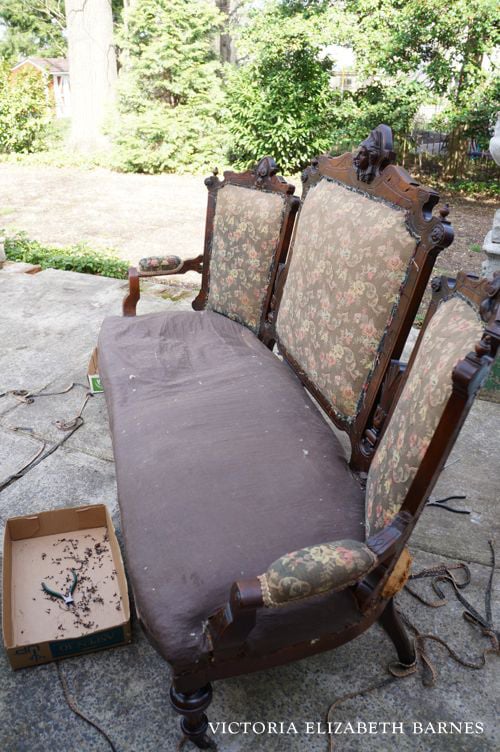 DIY upholstery, before and after… You should SEE the amazing antiques I’ve found on Craigslist! Come tour our Victorian house, we are DIY-ing the restoration, one room at a time… the BEST part is the decorating! 