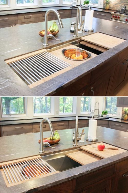 Kitchen design: get the dish rack off the counter. SO many ideas for hiding the dish drainer!